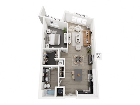 Floor plan for 1 bed, 1 bath, 944 sqft